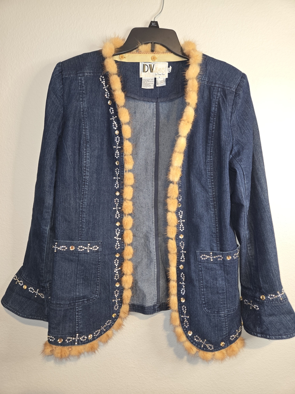 Vintage DVF Embellished Dark Blue Denim Jacket with Fur Trim Funky Boho Chic